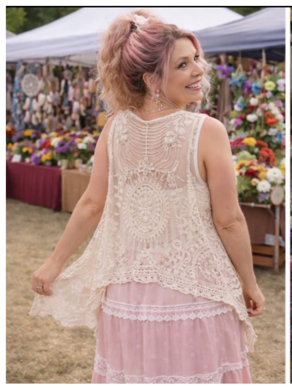 Boho Crochet Lace Mesh Vest Cream Festival Layering Piece S/M Cottagecore